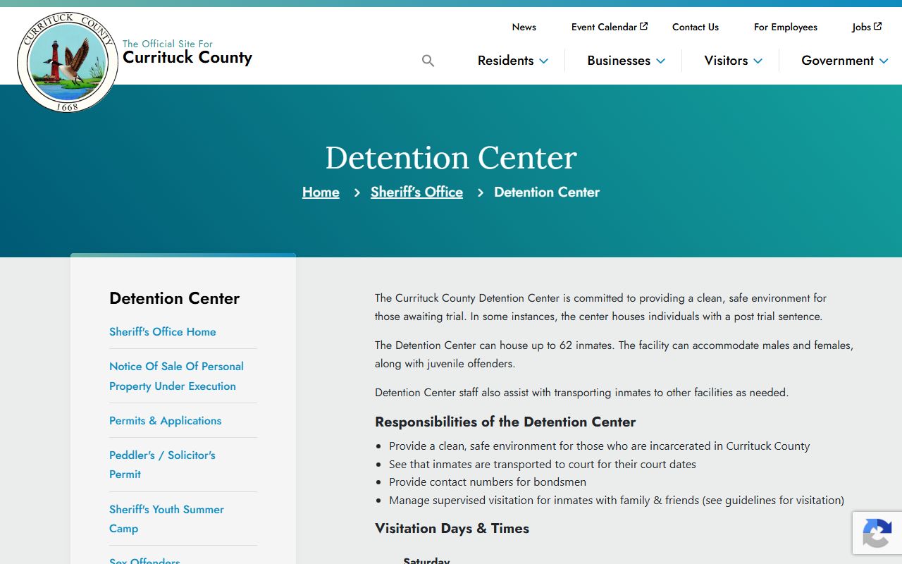 Currituck County Detention Center inmate records and visitation information
