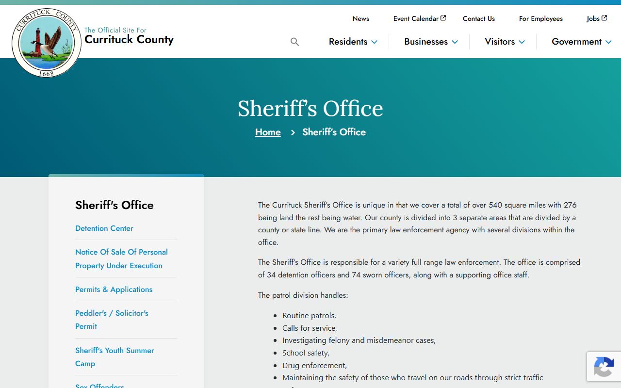 Currituck County Sheriff's Office inmate records contact page